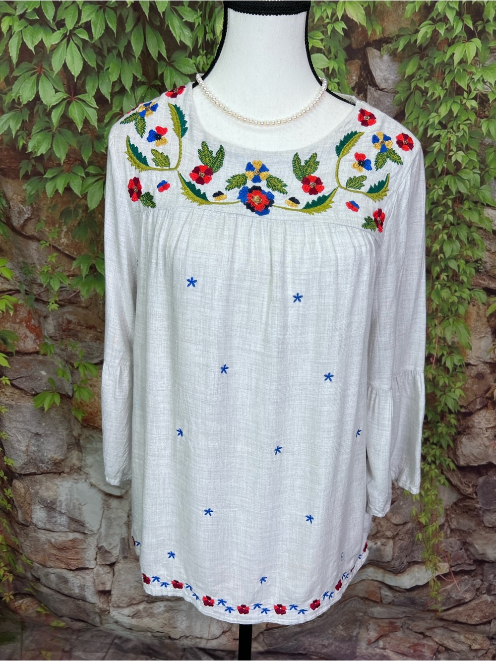 FALMER HERITAGE Pale Gray Embroidered Bohemian Peasant Blouse, UK 12/ US 8 - Picture 2 of 14